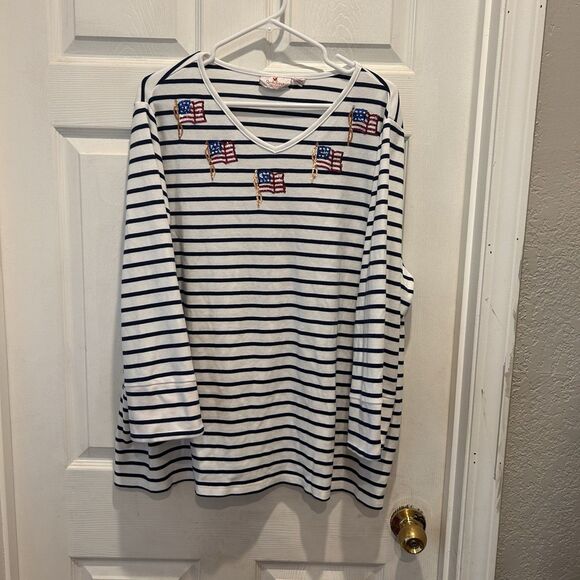 Quaker Factory Striped Patriotic V-Neck 3X Sequin Flags America Red White Blue - Picture 2 of 8